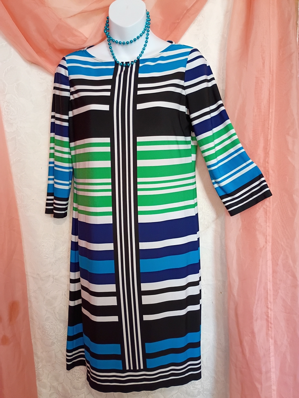 London Times Ladies Blue, Green & Black Striped Midi Dress Sz 8P